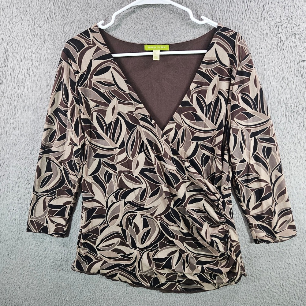 Sigrid Olsen Womens Brown Leaf Print Faux Wrap Mesh Top V-Neck 3/4 Sleeve L